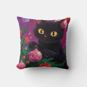 Cojín Decorativo Gatito negro y árbol de Navidad