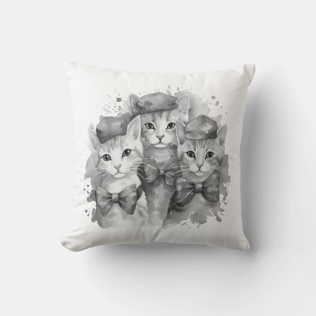 Cojín Decorativo Gatitos blancos y negros con arcos y gorras (Anverso)