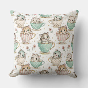 Cojín Decorativo Gatitos Lindos en Tazas de Té - Patrón de Diseño d