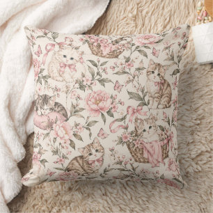 Cojín Decorativo Gatitos Vintage y Patrón de Jardín Floral