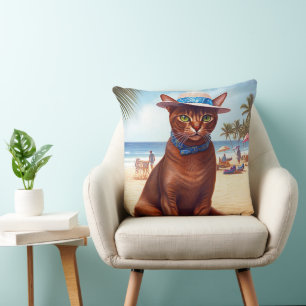 Cojín Decorativo gato abisinio en la playa, regalo de verano para a
