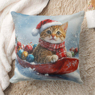 Cojín Decorativo Gato abisinio en trineo Deja que nieve Navidad