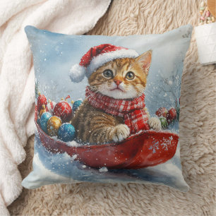 Cojín Decorativo Gato abisinio en trineo Deja que nieve Navidad