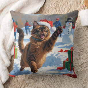 Cojín Decorativo Gato abisinio escena festiva de Navidad nieve