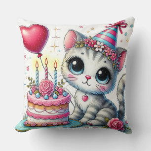 Cojín Decorativo Gato Adorable Celebrando Cumpleaños con Torta