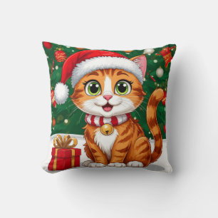 Cojín Decorativo Gato Adorable con Sombrero de Santa y Regalo