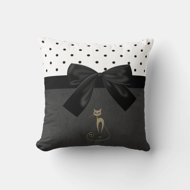 Cojín Decorativo Gato Adorable Cutáneo, Puntos Polka, Bow Negro (Anverso)