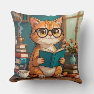 Cojín Decorativo Gato adorable que lleva gafas leyendo un libro