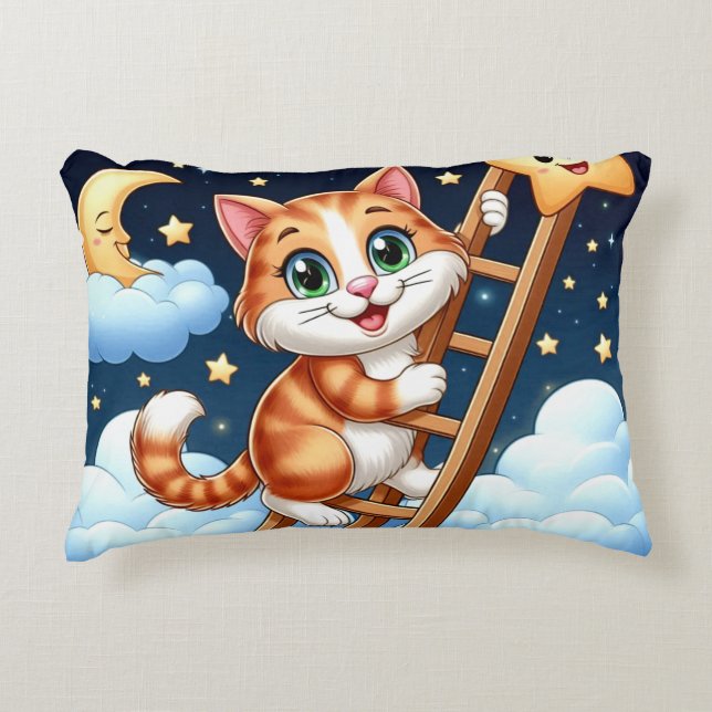 Cojín Decorativo Gato Adorable Sube Escalera a la Luna (Anverso)
