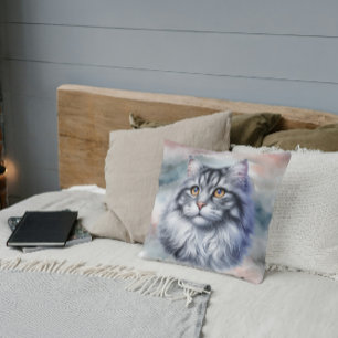 Cojín Decorativo Gato agraciado de pelo largo en acuarela