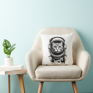 Cojín Decorativo Gato Astronauta Blanco y Negro