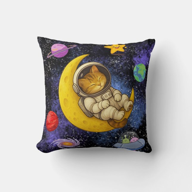 Cojín Decorativo Gato astronauta durmiendo en la luna (Anverso)
