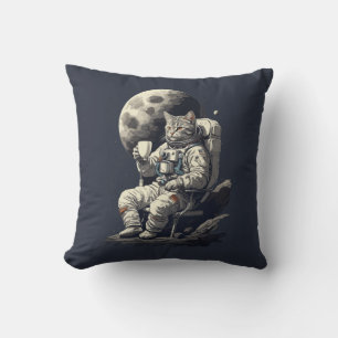 Cojín Decorativo Gato Astronauta Tomando una Taza de Café