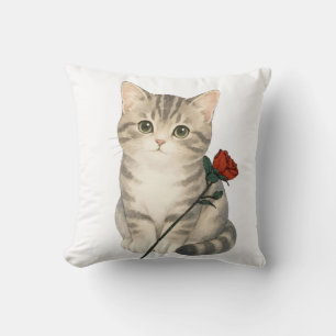 Cojín Decorativo Gato atigrado gris adorable con floral de rosa roj