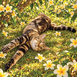 Cojín Decorativo Gato atigrado relajándose entre flores de plumeria