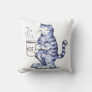 Cojín Decorativo Gato azul con taza WTF