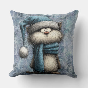 Cojín Decorativo Gato azul de Navidad de invierno con sombrero y bu