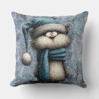 Cojín Decorativo Gato azul de Navidad de invierno con sombrero y bu