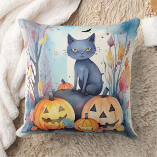 Cojín Decorativo Gato Azul Oriental de Halloween con Calabazas Espe