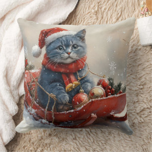 Cojín Decorativo Gato Azul Oriental en Trineo Deja que Nieve Navida