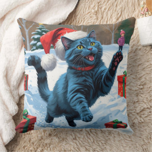 Cojín Decorativo Gato azul ruso corre Nieve con Gorra Navidad