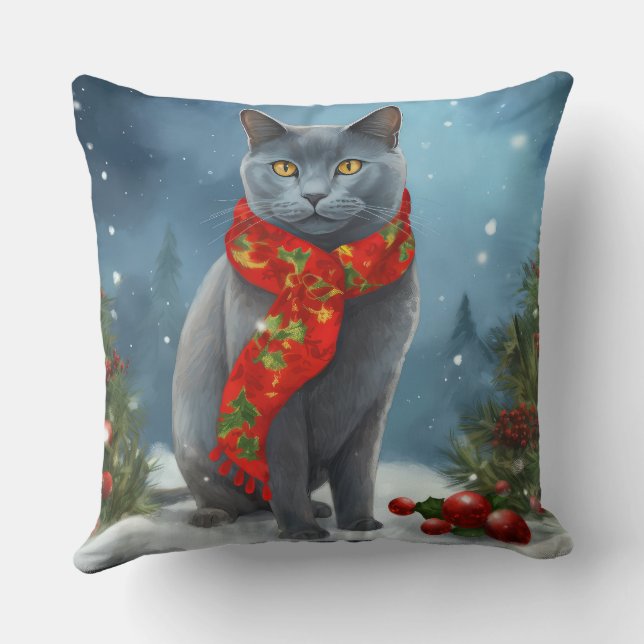 Cojín Decorativo Gato azul ruso en Navidades de nieve (Reverso )