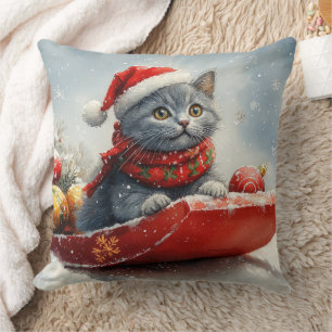 Cojín Decorativo Gato Azul Ruso en Trineo Deja que Nieve Navidad