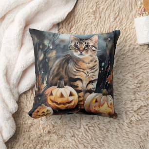 Cojín Decorativo Gato Bengalí de Halloween con Calabazas Espeluznan