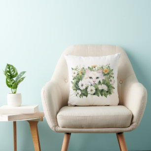 Cojín Decorativo Gato Blanco Acuarela En Daisies