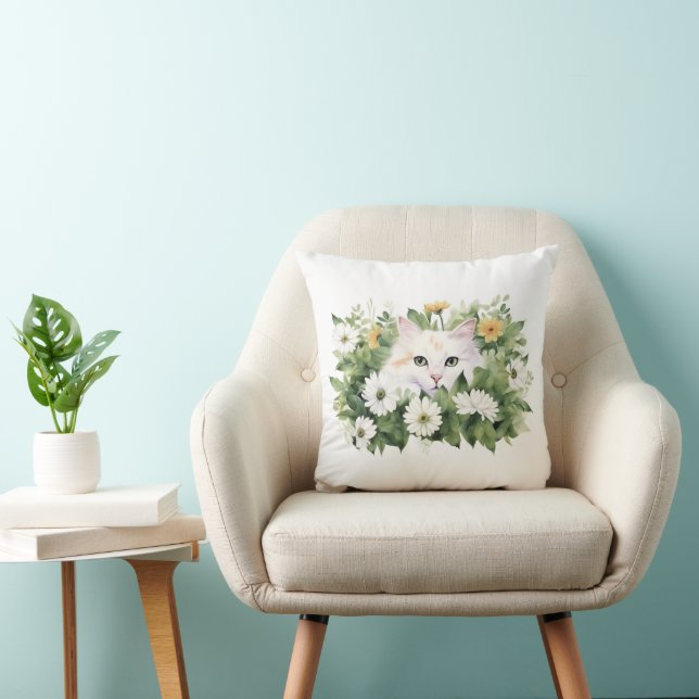 Cojín Decorativo Gato Blanco Acuarela En Daisies (Silla)