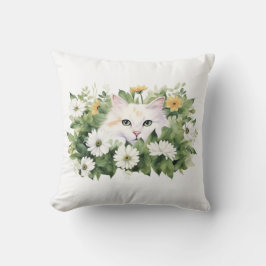 Cojín Decorativo Gato Blanco Acuarela En Daisies