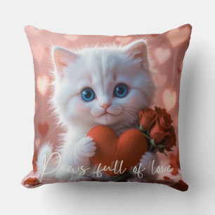 Cojín Decorativo Gato Blanco Adorable con Corazón y Rosas, Regalo d
