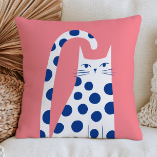 Cojín Decorativo Gato Blanco Adorable con Lunares Azules sobre Rosa