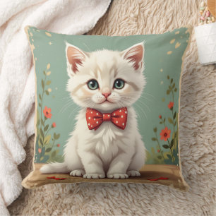 Cojín Decorativo Gato blanco adorable y lindo con corbata de lazo