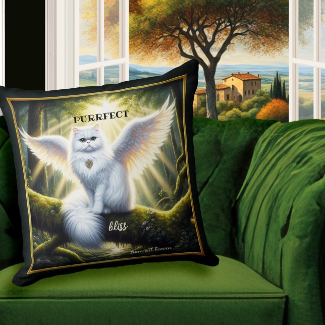 Cojín Decorativo Gato blanco Angel Heavenly Bliss (Pillow featuring a painting of a white angel cat in a lush forest. Heavenly bliss! - cat lover gift)