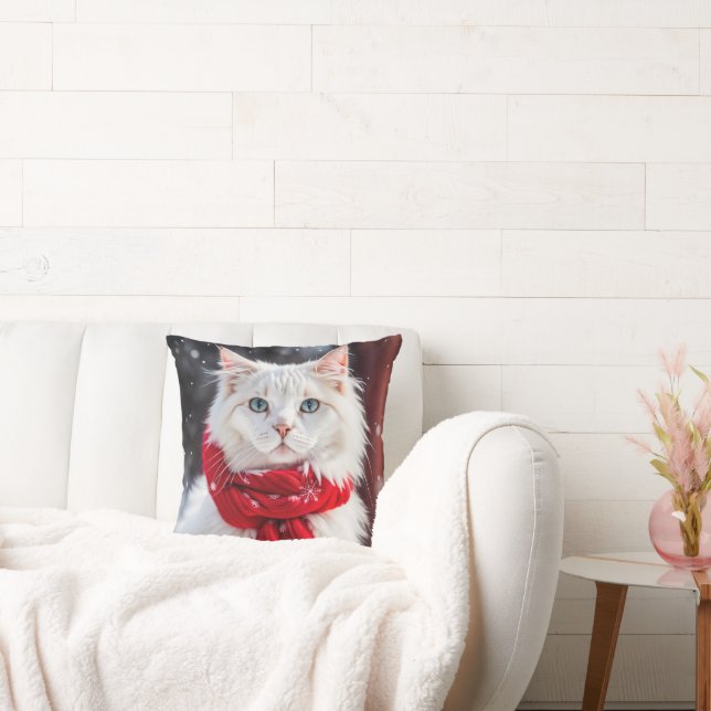 Cojín Decorativo Gato blanco con bufanda de invierno roja (Sofá)
