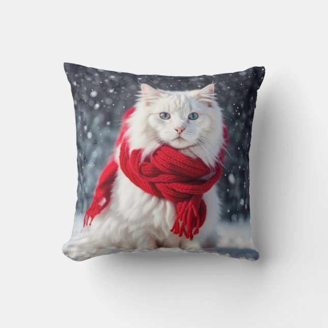 Cojín Decorativo Gato blanco con bufanda de invierno roja (Anverso)