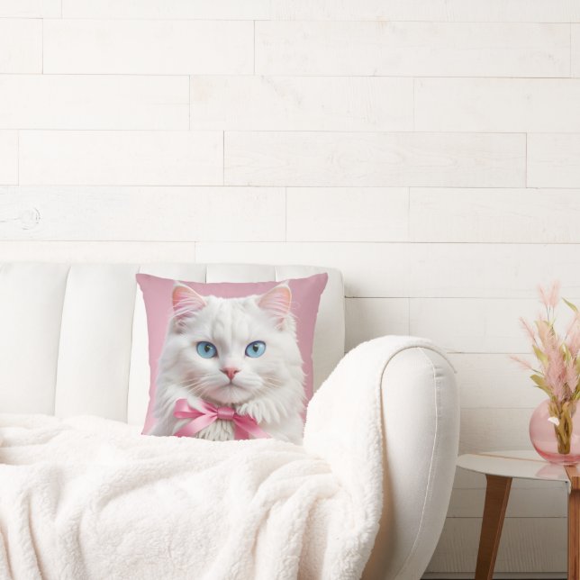 Cojín Decorativo Gato blanco con cintas rosadas (Sofá)