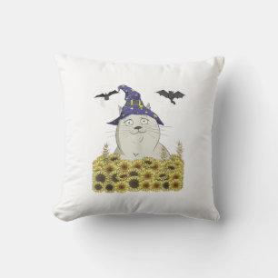 Cojín Decorativo Gato Blanco Divertido con Sombrero de Bruja Vintag