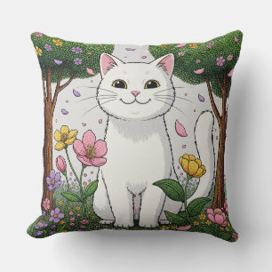 Cojín Decorativo Gato Blanco en un Jardín Colorido