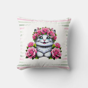 Cojín Decorativo Gato Blanco Encantador con Corona Floral