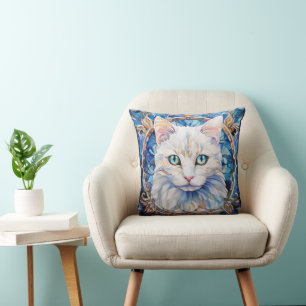 Cojín Decorativo Gato Blanco Ojo Azul Estilo Vidrio Emplomado