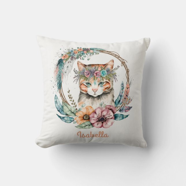 Cojín Decorativo Gato Boho Floral Acuarela Lindo (Anverso)