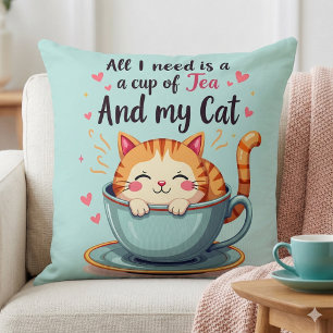 Cojín Decorativo Gato Bonito en Taza de Té Arte Kawaii Acogedor