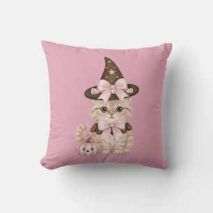 Cojín Decorativo Gato bruja de Halloween lindo rosa calabaza 
