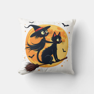 Cojín Decorativo Gato bruja en una escoba � Vector noche de Hallowe