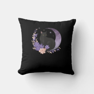 Cojín Decorativo Gato Bruja Flores Luna Goth Pastel Goblincore