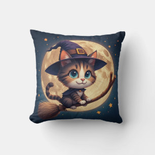 Cojín Decorativo Gato Bruja Lindo Bajo Estrellas Y Luna Llena 🎃