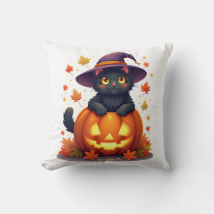 Cojín Decorativo Gato brujo en un sombrero de calabaza