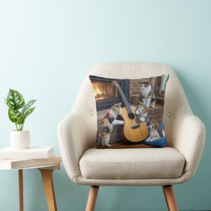 Cojín Decorativo Gato calico con gatitos y guitarra